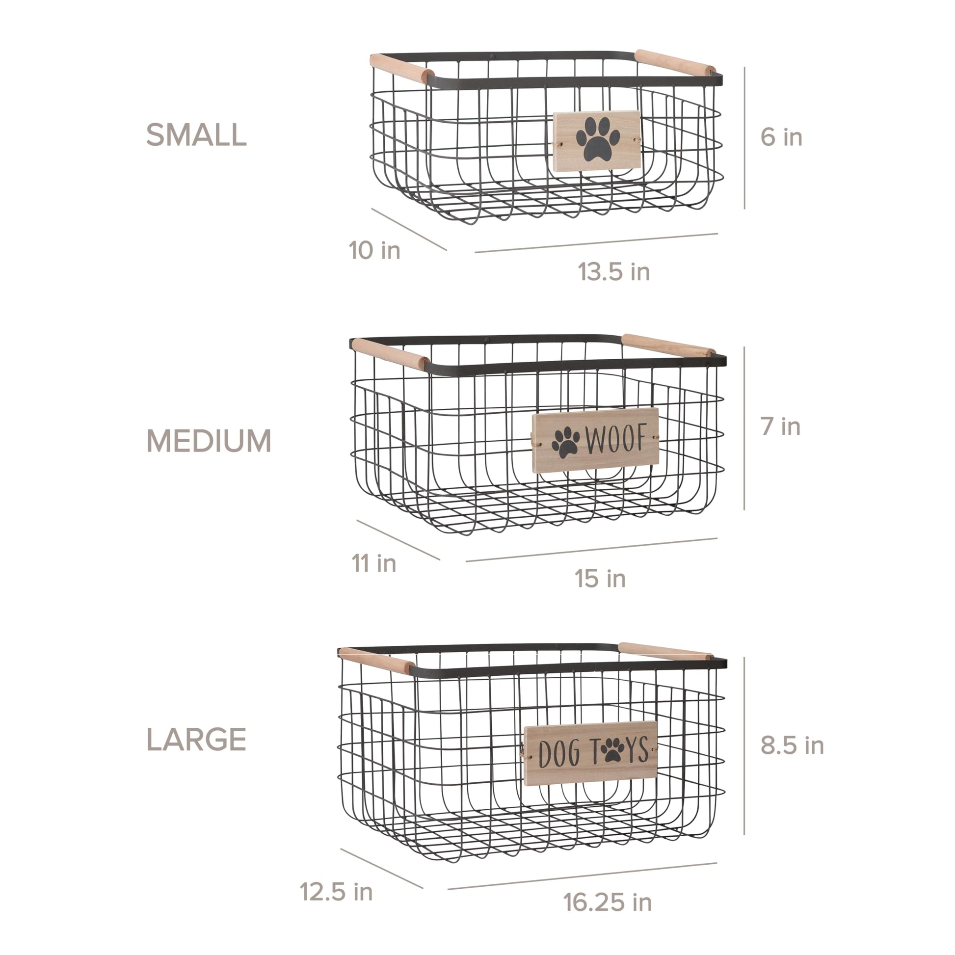 RGI Home Dog Toy Storage Baskets – Set of 3 Rectangular Metal Organizer Bins for Pet and Household