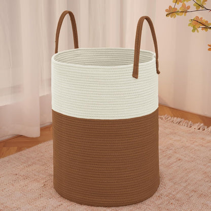 Large Woven Laundry Basket Hamper,60L Cotton Rope Storage Bin for Blankets,Toys and Clothes,Decorative Tall Nursery Hamper for Living Room,Baby Nursery,Bathroom and Bedroom,White and Brown