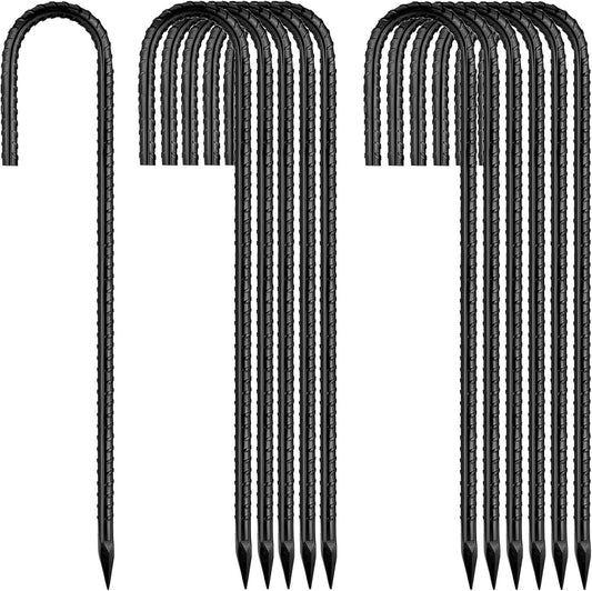 Rebar-Stakes-12-Inch, Ground Stakes Heavy Duty J-Hook Black Coated Anti-Rust Heavy Duty Ground