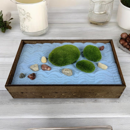 Wooden Stackable Zen Garden | Blue Oasis Sand with Rake & Accessories | Minimalist Decor Gift for Relaxation