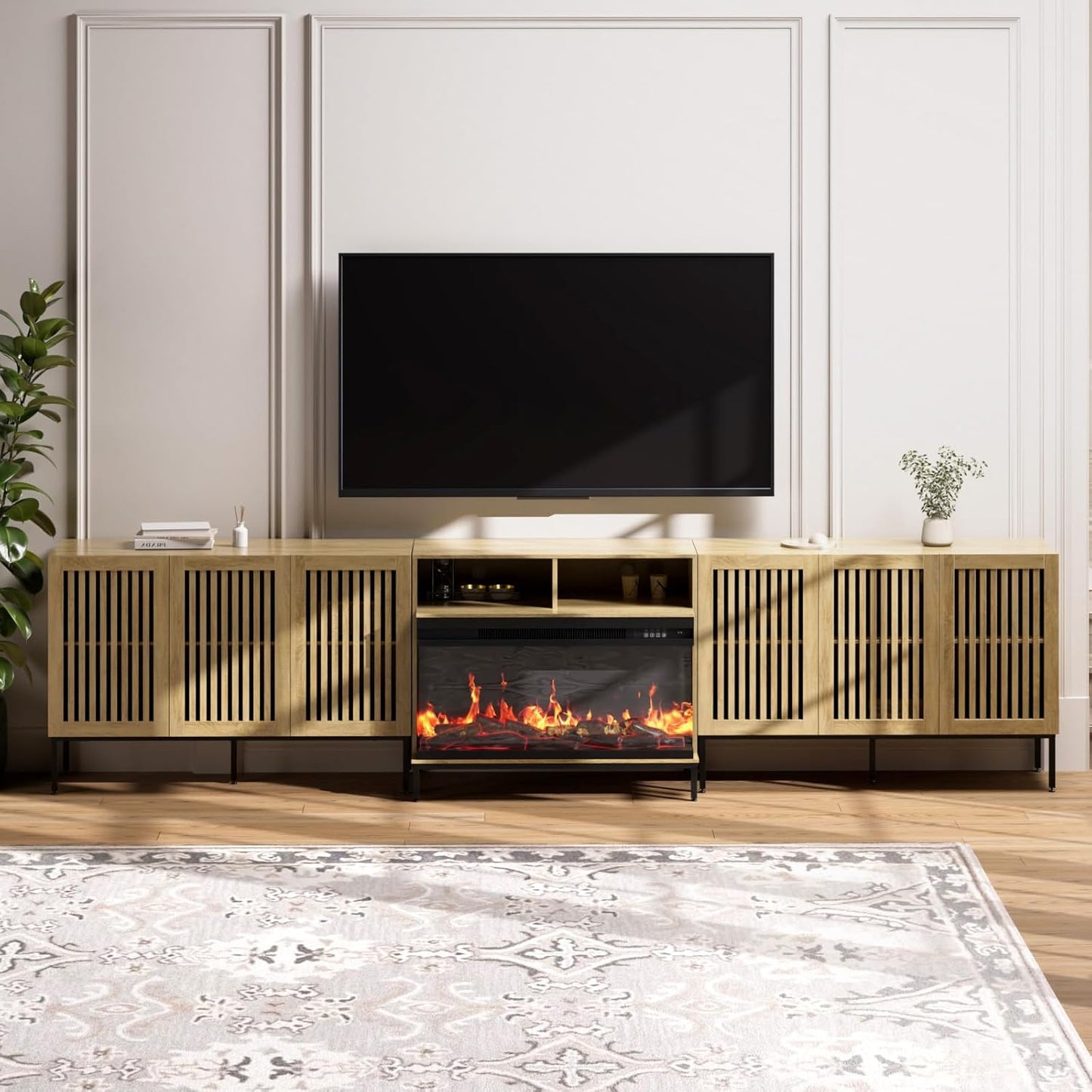 3-Sided Glass Farmhouse Fireplace TV Stand for TVs Up to 110 Inch, Oak Entertainment Center with 36" Electric Fireplace, TV Console with Storage Cabinets for Living Room