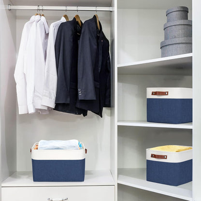 Storage Bins Large Fabric Storage Baskets for Shelves 3 Pack, Decorative Linen Closet Baskets with Handles for Organizing, Shelf, Clothes, Home, Office, 15x11x9.5Inches (NavyBlue&White)