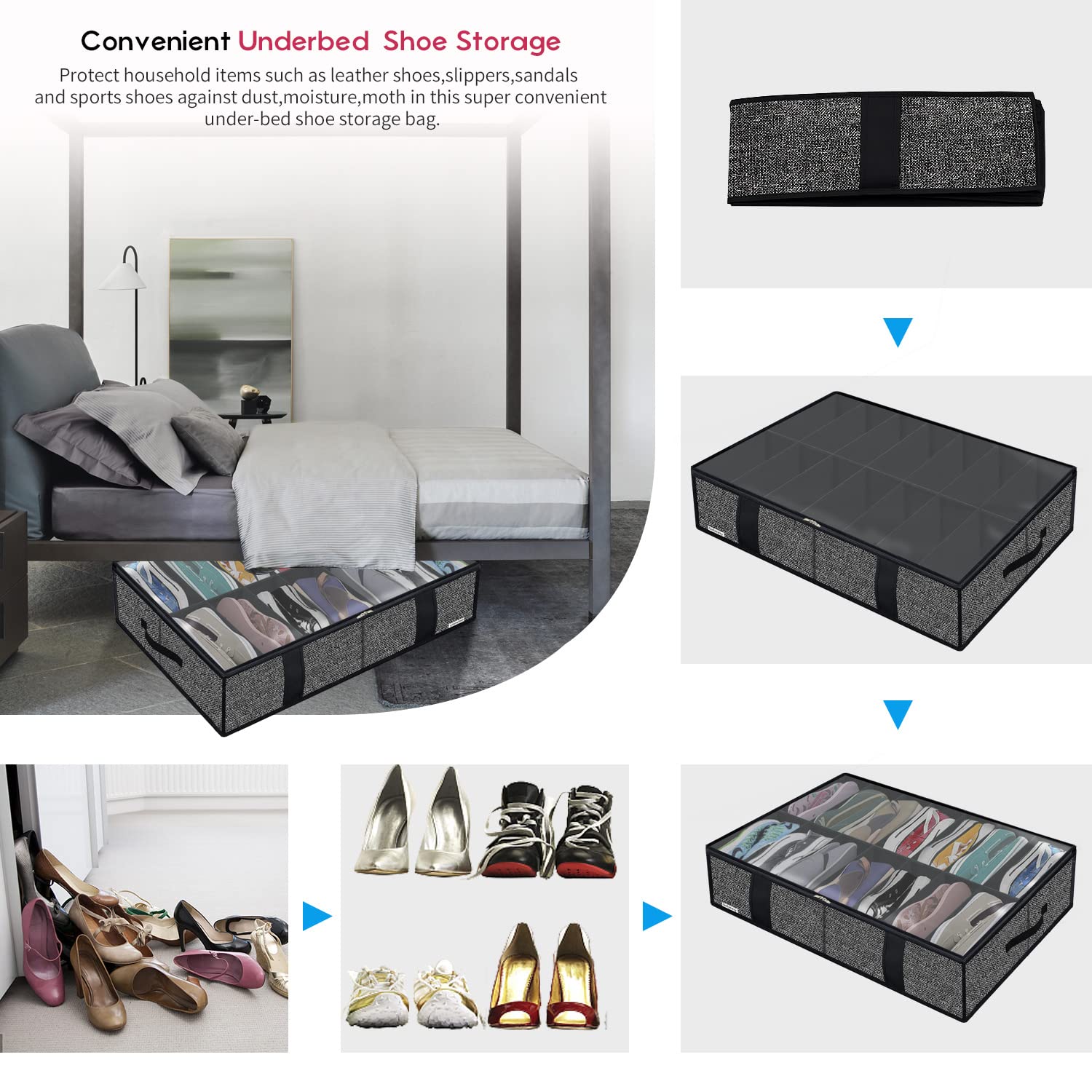 Onlyeasy 2 Pack Under Bed Shoes Storage Bag Organizer (14+4 Pairs), Collapsible Shoe Boot Container
