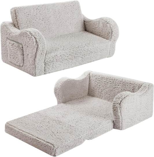 Kids Extra Wide Chairs for Toddler, 2-in-1 Toddler Soft Sherpa Couch Fold Out, Convertible Sofa to