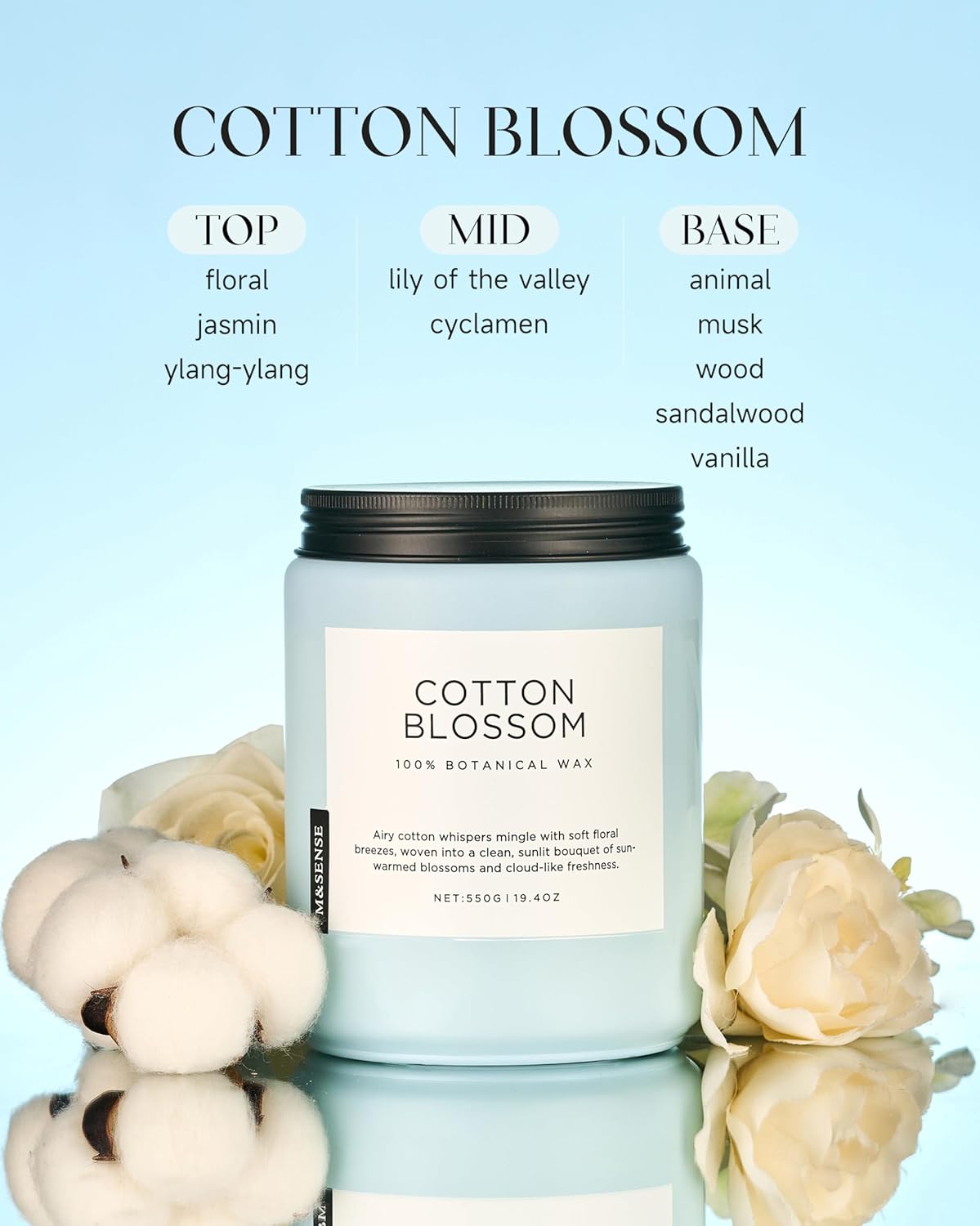 M&SENSE Clean Cotton Scented Candle - 19.4oz Natural Soy Wax Clean Cotton Blossom Scent Non Toxic Candle, 110-Hour Slow Burning 2-Wick Aromatherapy Home Fragrance Gifts for Home Decor