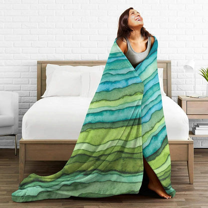HGOD DESIGNS Watercolor Stripped Waves Blanket for Women, Lightweight Soft Fleece Flannel Throw Blanket Blue and Green Sofa Couch Living Room 40x50 Inch