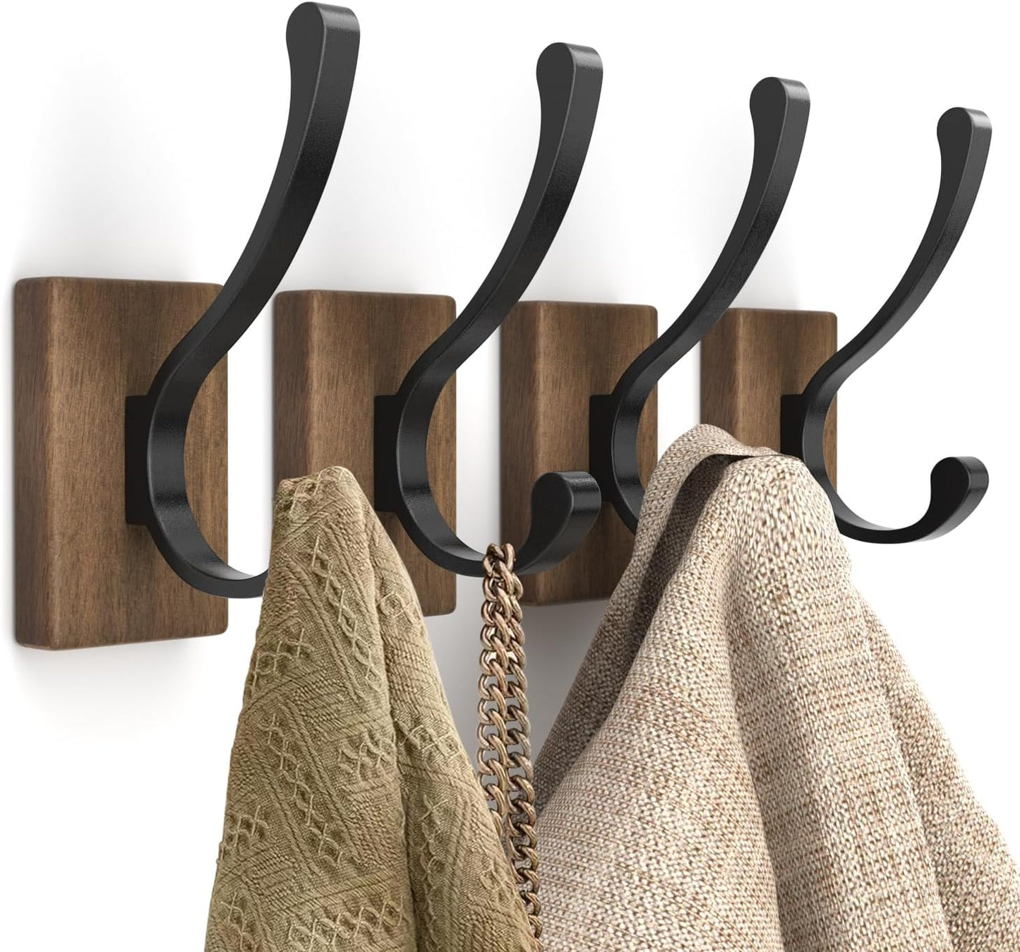Wood Wall Hooks for Hanging - 4 Pack Hooks Wall Mounted, Wooden Rustic Farmhouse Heavy Duty Towel Hooks, Hooks for Coats, Towel, Hat, Keys, Purse, Bag and Robe