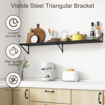 Floating Shelves 55 Inch Long, 10" Deep Floating Shelves, Black Wall Shelves 55 x 10, Set of 2, Wide Large Display Storage Shelves for Bathroom, Living Room, Rustic Wood Shelves with Brackets