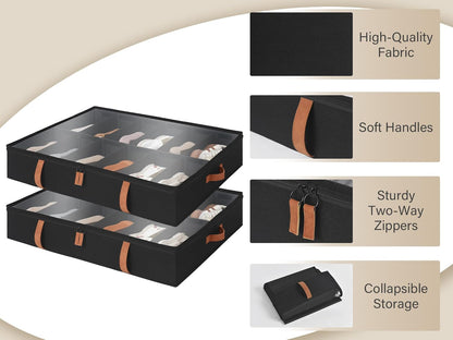 StorageWorks Shoe Organizer Under Bed for Closet, 2-Pack Ultra-thick Fabric Shoe Storage Containers with Bottom Support and Adjustable Dividers, Fits up to 24 Pairs, Black