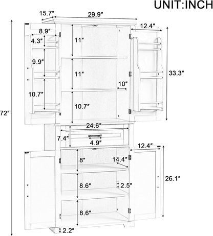 72.2" Tall Storage Cabinet with 4 Doors and Drawer, Freestanding Linen Cabinet, Wooden Pantry with Adjustable Shelf for Kitchen, Bathroom, Living Room White