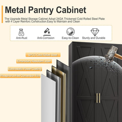 75" Tall Metal Kitchen Pantry Storage Cabinet, Freestanding Cupboard with 2 Doors and 5 Adjustable Shelves, Standing Storage for Kitchen, Bathroom, Garage, Dinning Room or Utility Room（Black）