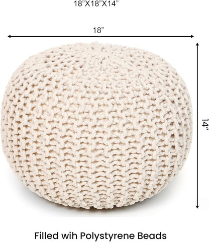 REDEARTH Round Pouf Ottoman –18"x18"x14" Hand-Knitted Cotton Pouffe –Cable Footstool –Boho Dori Hassock –Pre-Stuffed Poof – Extra Seat -Poofy Footrest for Living Room, Bedroom, Nursery, Nook –Ivory