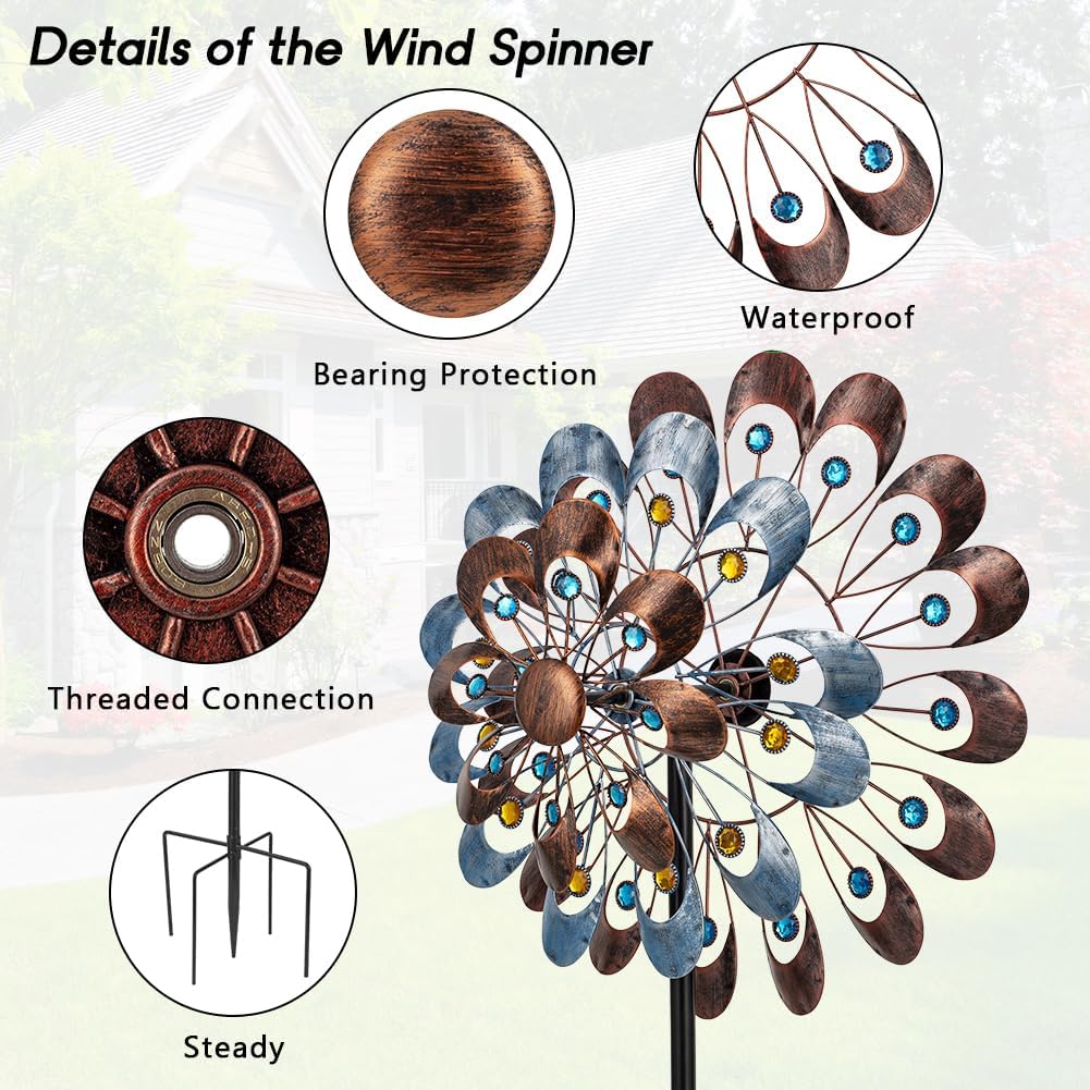 DREAMYSOUL Wind Spinner Outdoor, 20" Dia Large Metal Windmills with Blue and Copper Blades, Kinetic Wind Spinners & Sculpture for Yard and Garden