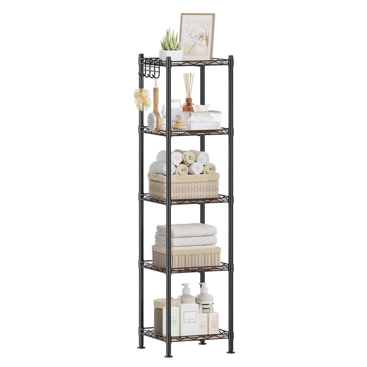 SONGMICS Storage Shelf, Bathroom Storage Rack, 5 Tier, Ink Black