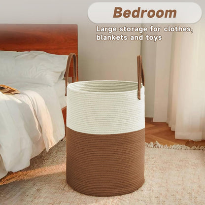 Large Woven Laundry Basket Hamper,60L Cotton Rope Storage Bin for Blankets,Toys and Clothes,Decorative Tall Nursery Hamper for Living Room,Baby Nursery,Bathroom and Bedroom,White and Brown