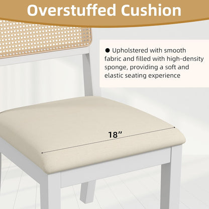 Westice Rattan Dining Chairs Set of 4, Farmhouse Natural Dining Room Chairs with Upholstered Cushion, Wood Armless Chairs for Kitchen/Restaurant, White