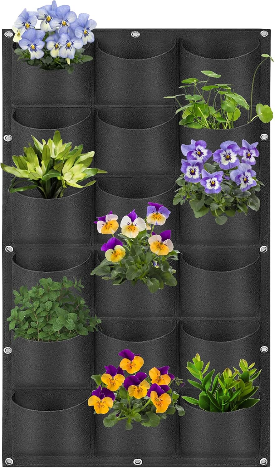 18 Pockets Hanging Planter Bags, Hanging Vertical Wall Mounted Plant Planting Grow Bags, Herb Garden Planter Outdoor Indoor Growing Bag, Gardening Vertical Greening Flower Container(1m×0.5m, Black)