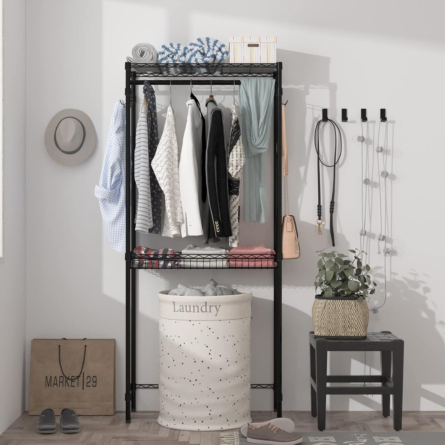 Xiofio Washer and Dryer Storage Shelf,Clothes Drying Rack,2 Tier Adjustable Height Storage Wire Basket with 2 Side Hook Laundry Shelves Used for Bathroom, Bedroom,Balcony,Black