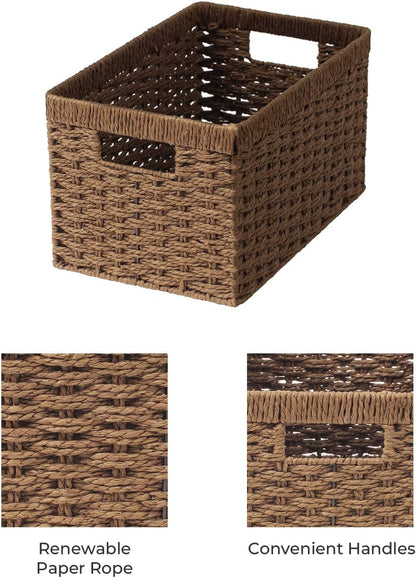 StorageWorks Round Paper Rope Storage Baskets, Rectangular Wicker Baskets with Built-in Handles, Medium, 2-Pack