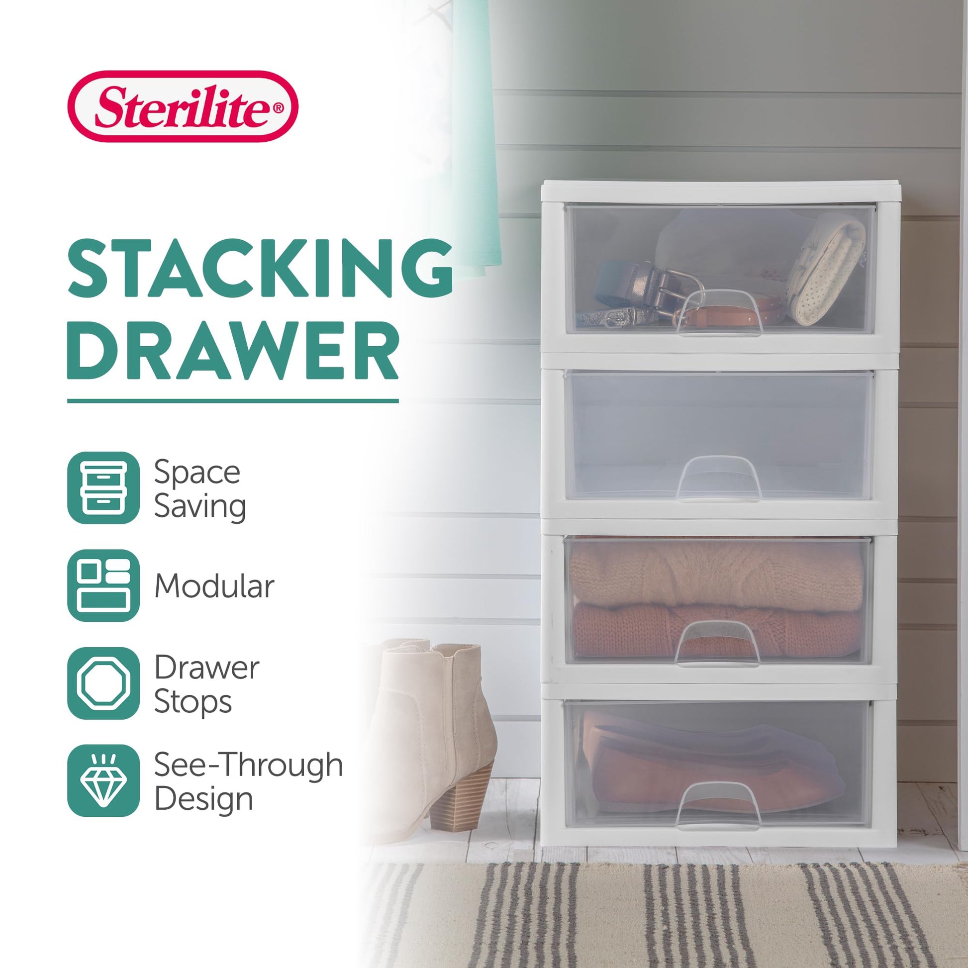 Sterilite 6-Pack 16 Quart Stacking Drawer, Clear Storage Closet Organizer, White Frame - Stackable