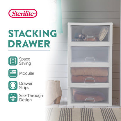 Sterilite 6-Pack 16 Quart Stacking Drawer, Clear Storage Closet Organizer, White Frame - Stackable