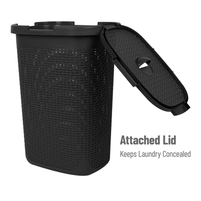 Mind Reader 60L Slim Laundry Hamper, Clothes Basket, Lid, Wicker Design, Plastic, 17.65"L x 13.75"W