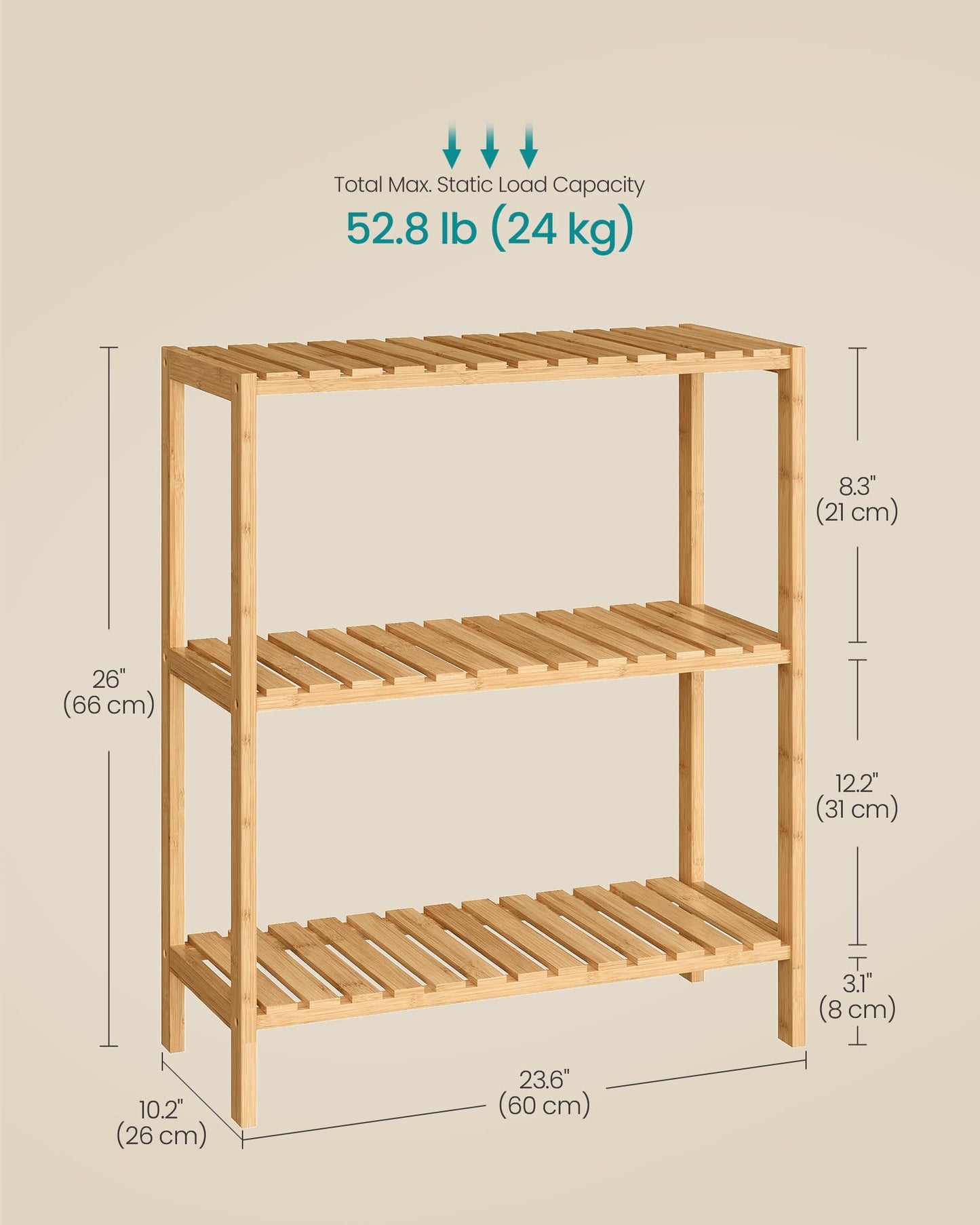 SONGMICS 3-Tier Bamboo Shelf, Freestanding Bathroom Storage Rack