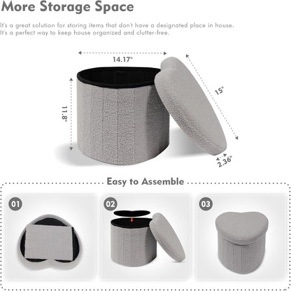 B FSOBEIIALEO Storage Ottoman Cube, Heart Shaped Ottomans with Storage Foot Stool Footrest for Lving Room, Boucle Ottoman Seat for Dorm Room,Faux Teddy Fur, Grey 15"x15"x15"