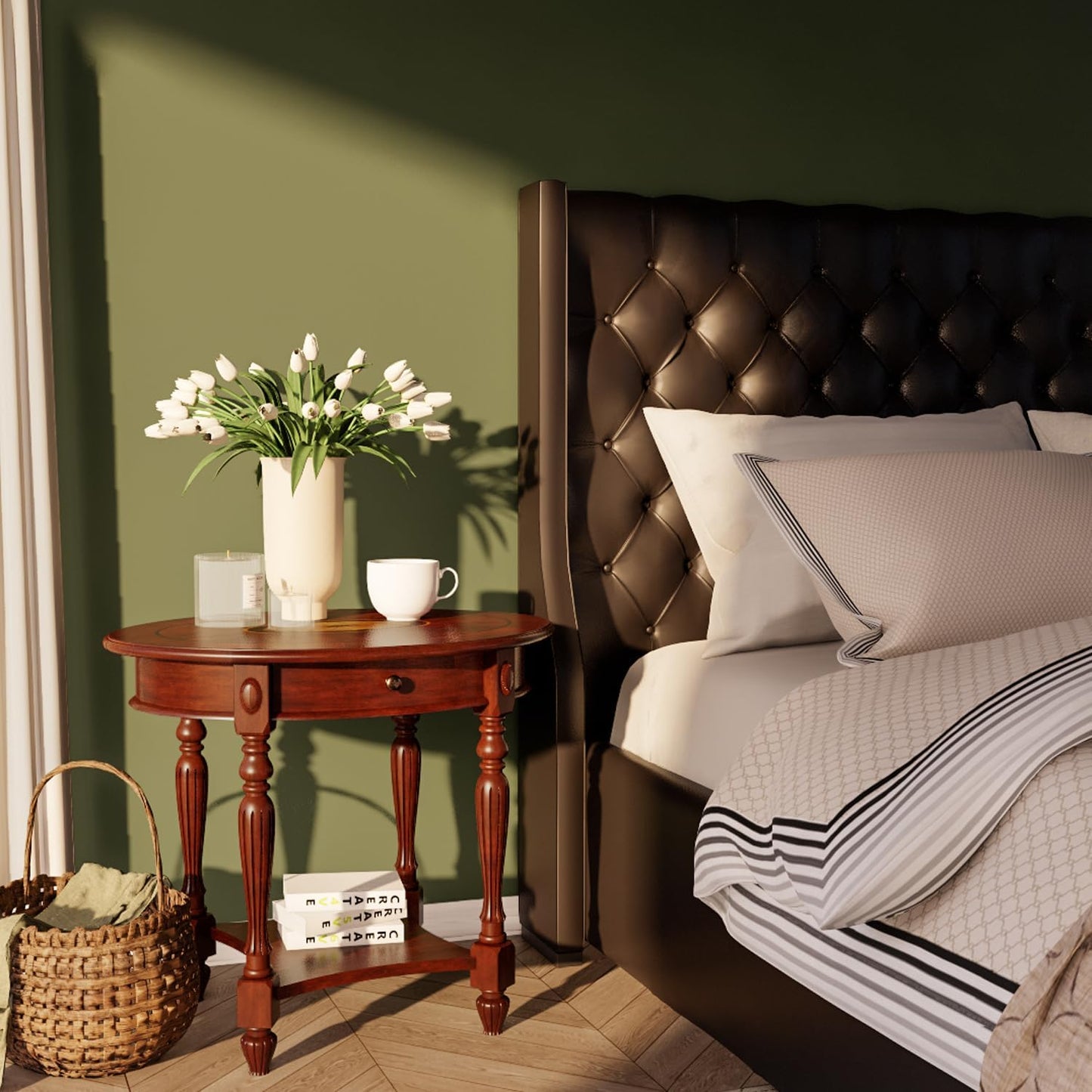 MODERION Solid Wood End Table with Drawer, Oval Sofa Side Table, Storage Shelf, Living Room Corner Table, Nightstand, 24”H Cherry Walnut CJZ1533WD-DR