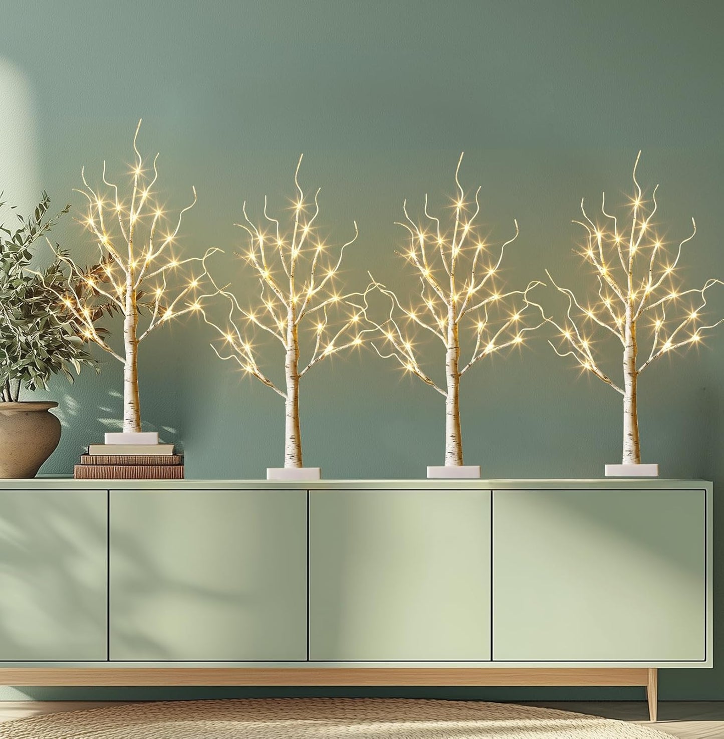 EAMBRITE Home Decorations Light Up White Birch Tree Indoor Christmas Decor, 4 Pack Battery Operated/USB Lighted Tabletop Money Tree Lamp Led Lights Easter Wedding Centerpiece Table Room (2 Ft)