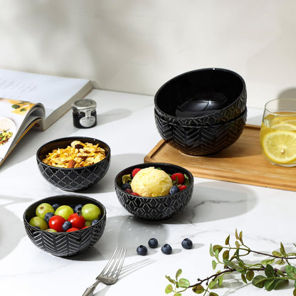 Sureasy Ceramic Ice Cream Bowls, 12oz Embossed Dessert Bowls Set, 4.6 Inch Stoneware Small Bowls for Snack, Sauce, Fruits, Microwave and Dishwasher Safe, Set of 4, Black