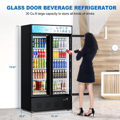 30 Cu.ft. Commercial Beverage Refrigerators Glass Door Refrigerator Upright Display Cooler with Soft LED Light and Adjustable Shelves for Restaurant Grocery Stores Home