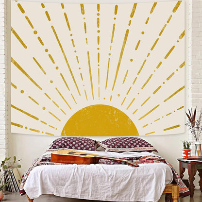 Kanuyee Gold Boho Burning Sun Tapestry Wall Hanging, Retro 70s Abstract Vintage Geometric Line Sunrise Tapestries for Bedroom Living Room Backdrop 36×48 inch