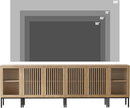Farmhouse TV Stand for TVs up to 100 Inch, Entertainment Center TV Console with Storage Cabinets and Glass Doors,Media Console for Living Room,Oak