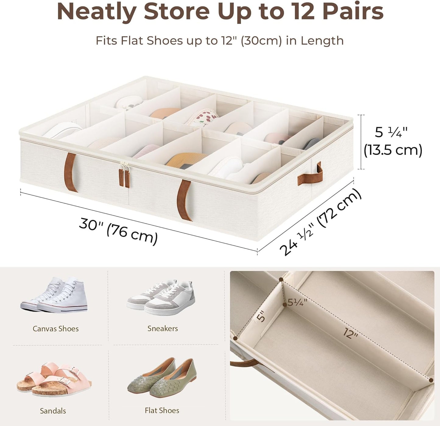 StorageWorks Shoe Organizer Under Bed for Closet, 2-Pack Ultra-thick Fabric Shoe Storage Containers with Bottom Support and Adjustable Dividers, Fits up to 24 Pairs, Beige