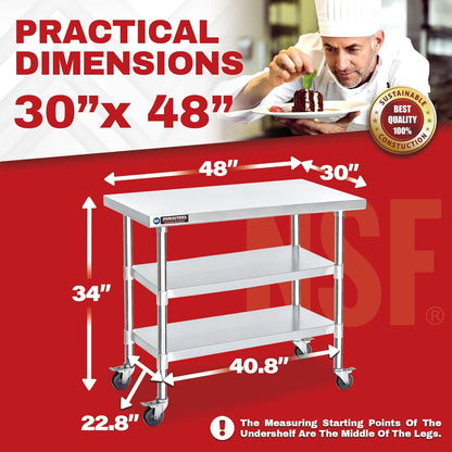 Food Prep Stainless Steel Table + Galvanized Under Shelf for 30" x 48" Work Tables