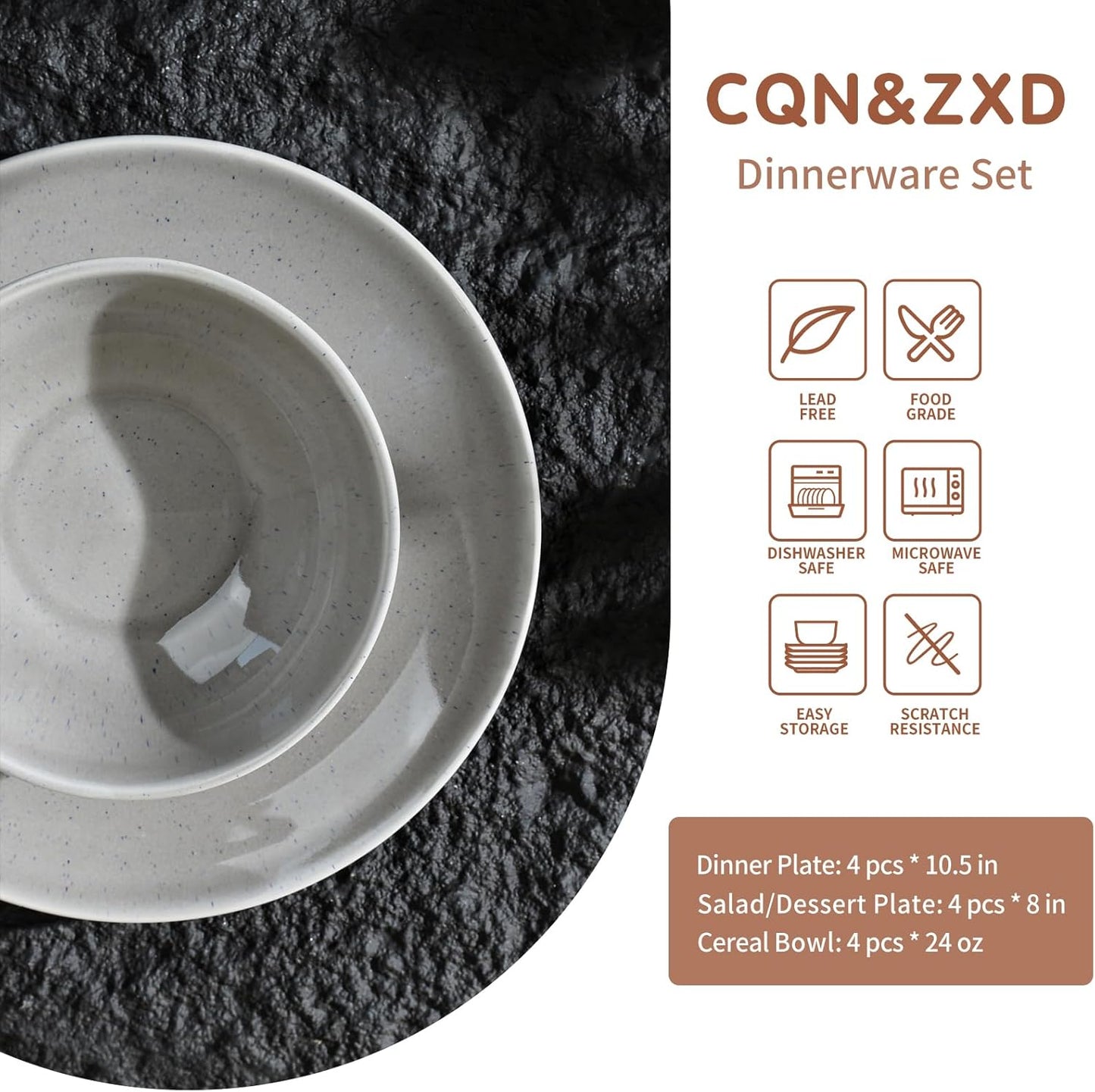 CQN&ZXD Ceramic Plates and Bowls Sets, 12 Pieces, Hand-Crafted Dishes set for 4 with Gradient Reactive-Glaze, Microwave & Dishwasher Safe Dinnerware Sets, Modern Style, Velvet Grey & Meteor Blue