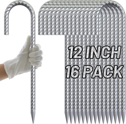 AAGUT 12 Inch Rebar Stakes J Hook 16 Pcs 3/8" Chain Link Fence Stakes Heavy Duty Galvanized Steel Tent Stakes Ground Anchors for Hard Firm Soil, Silver