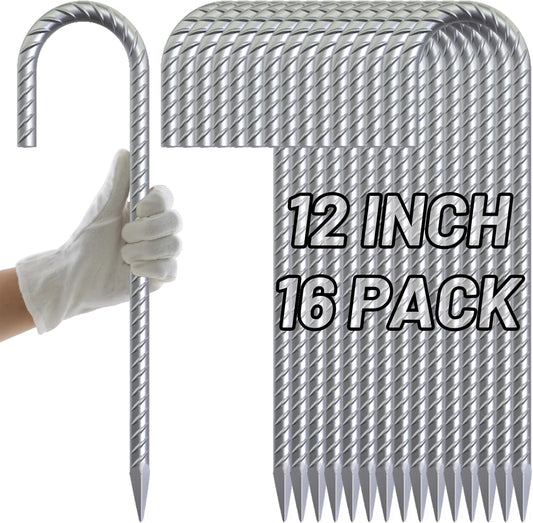 AAGUT 12 Inch Rebar Stakes J Hook 16 Pcs 3/8" Chain Link Fence Stakes Heavy Duty Galvanized Steel Tent Stakes Ground Anchors for Hard Firm Soil, Silver