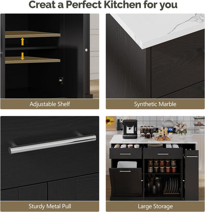 4 EVER WINNER Kitchen Island on Wheels with Storage, Rolling Kitchen Island Cart with Trash Can Cabinet, Kitchen Island Table with Spice Rack & Towel Rack, Black