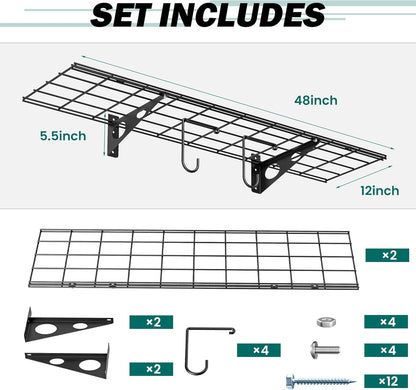 EVERHANGER Garage Wall Shelves, 12 X 48 Inch Wall Mounted Storage Shelves, Heavy Duty Metal Shelving with Hooks, 2 Pack, Black