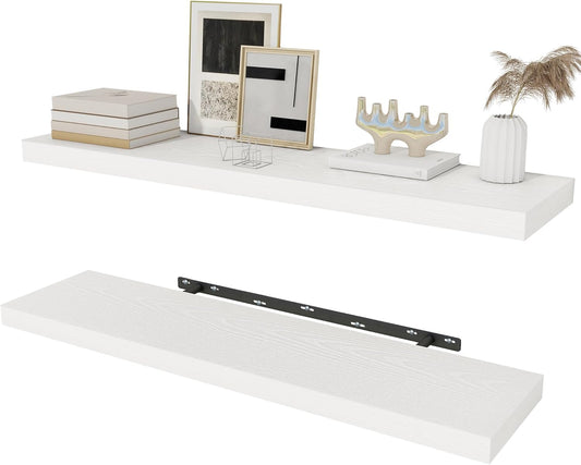 Fun Memories White Floating Shelves 36 Inch Long, Rustic Farmhouse Bathroom Shelves Over Toliet, 36 x 8 Inch Floating Shelves for Wall, Deep Wall Shelf for Living Room, Kitchen, Bedroom, Set of 2