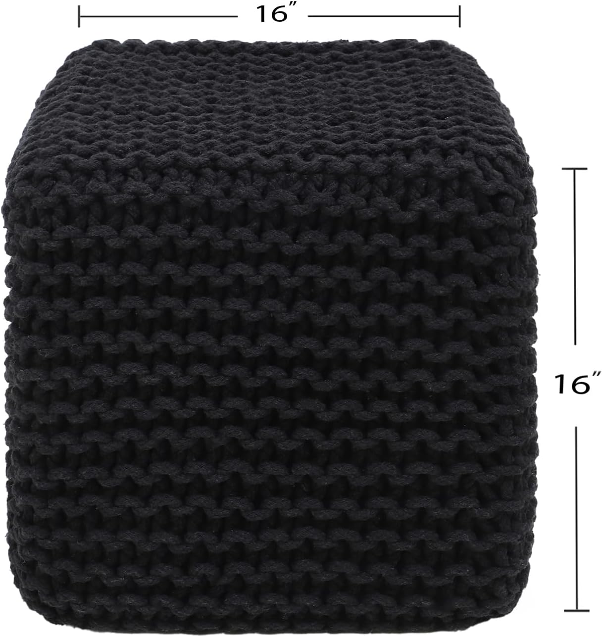 REDEARTH Cube Pouf Foot Stool Ottoman - Hand Knitted Poof - Cord Boho Pouffe - Home Décor - Stuffed Footrest for Living Room - Bedroom - Covered Patio (16" x 16" x 16") - Black
