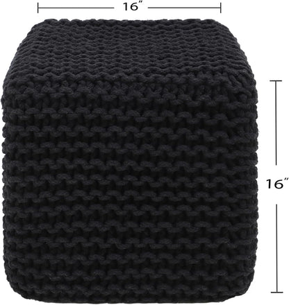 REDEARTH Cube Pouf Foot Stool Ottoman - Hand Knitted Poof - Cord Boho Pouffe - Home Décor - Stuffed Footrest for Living Room - Bedroom - Covered Patio (16" x 16" x 16") - Black