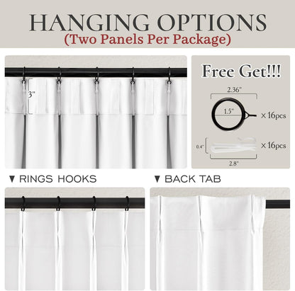 Bright White Pinch Pleated Blackout Curtains 90 Inches Long for Bedroom, Neutral Thick Linen Blend Room Darkening Patio Door Curtain Hook Ring Thermal Privacy Windows Drapes 40"W x 90"L x 2 Panels Set