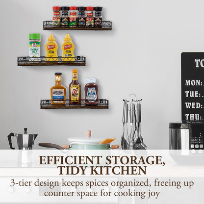 MyGift 14 Inch Wall Mounted Kitchen Spice Racks, Rustic Burnt Solid Wood and Black Metal Wire Geometric Hanging Organizers for Seasoning Jars or Condiment Bottles, Set of 3