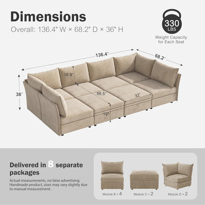 136.4" Oversized Modular Sectional Sleeper Sofa Bed, U Shaped Convertible Couch with Movable Ottoman, Large 8 Seat Corner Couches for Living Room Deep Seat Beige Chenille