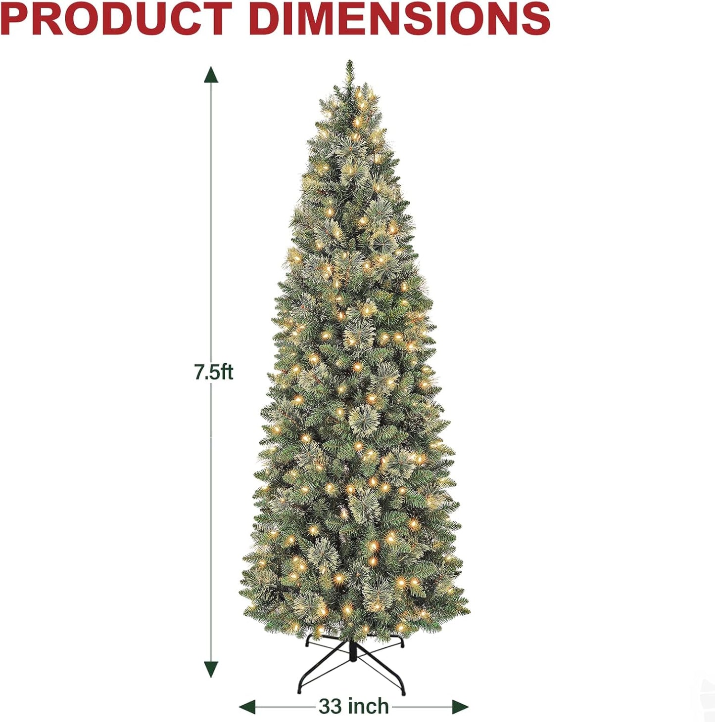 Hykolity 7.5ft Artificial Pre-lit Pencil Christmas Tree, Slim Christmas Tree with 300 Warm White LED Lights, 792 PVC Tips, Foldable Metal Stand and Hinged Branches