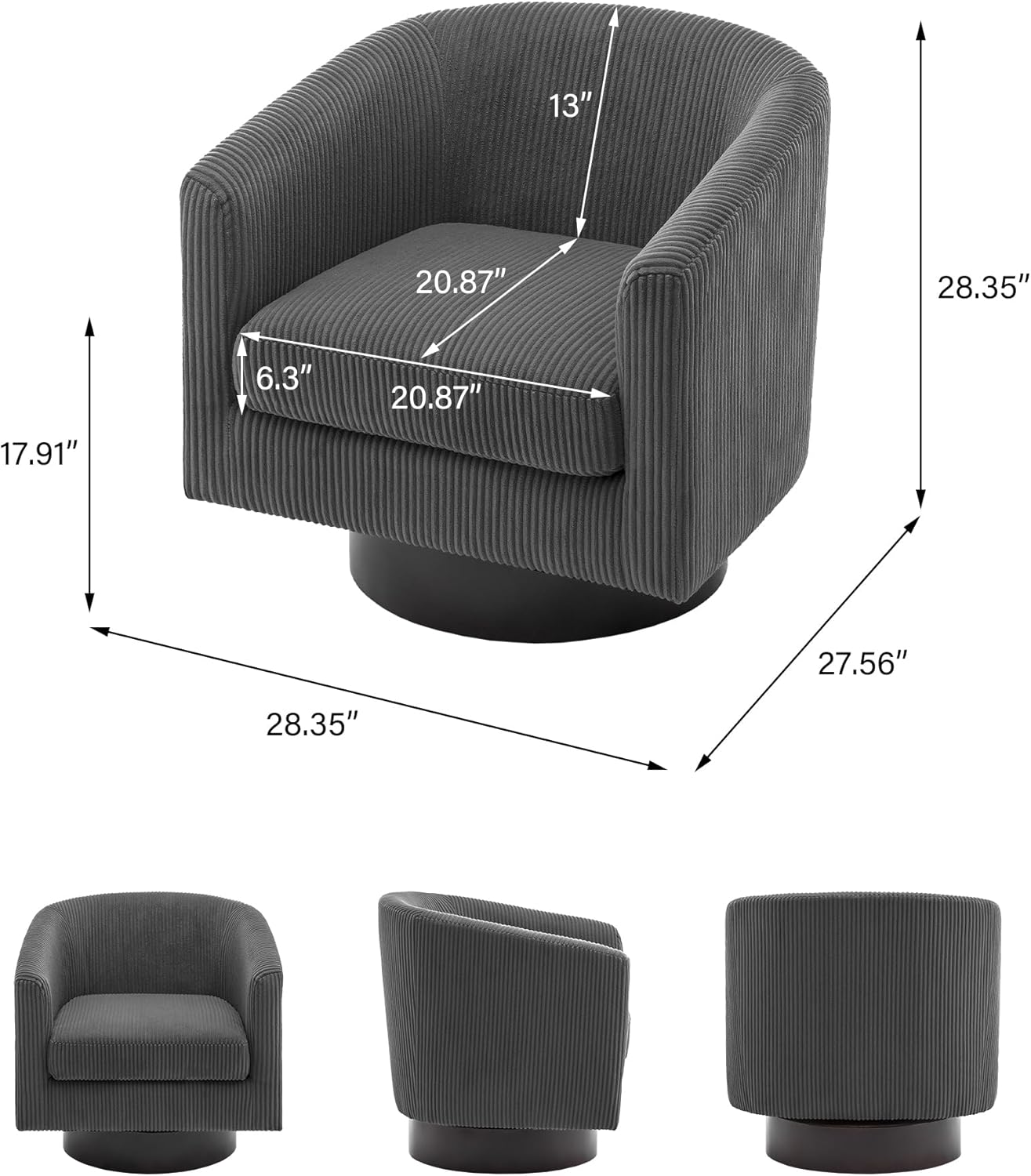 Swivel Barrel Accent Chair, Modern Round Corduroy Fabric Arm Chair for Living Room, Bedroom, Comfy Club Reading Chairs for Adults (Corduroy Grey, Set of 1)