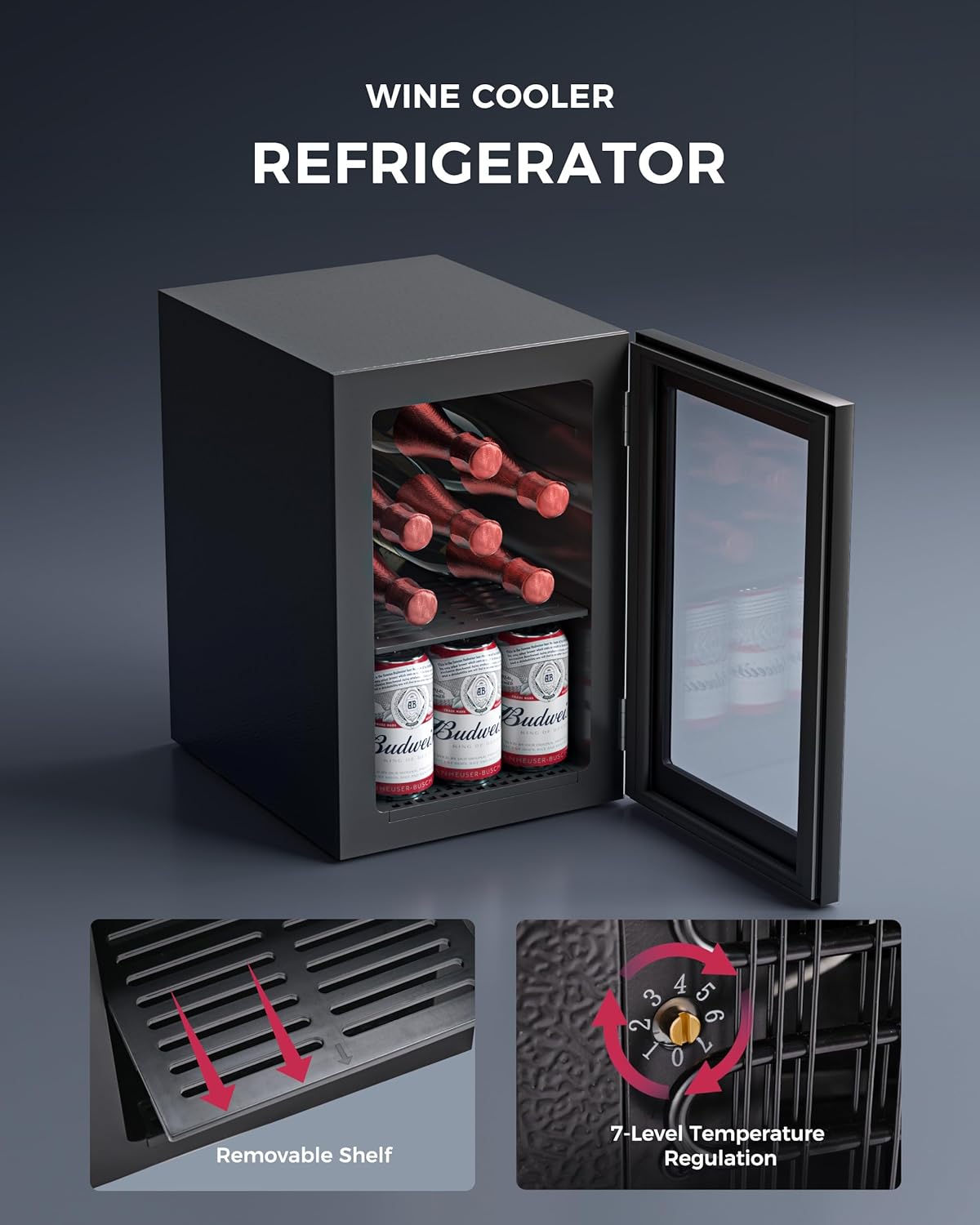 6 Bottles and 6 Cans Compact Beverage Refrigerator, Freestanding Mini Fridge with Temperature Control for Beer Wine, Under Counter Small Refrigerator Adjustable Shelve & Glass Door for Home and Bar